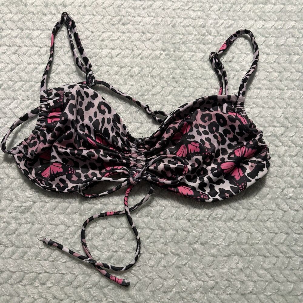 Superdown Bikini Top Medium M Pink Black Leopard Butterfly Print Ruched Front